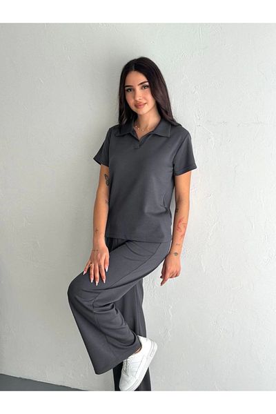 Kadınle Osy Modal Soft Textured Fabric Short Sleeve Collared T-shirt Pant Pants Double Set - Anthracite