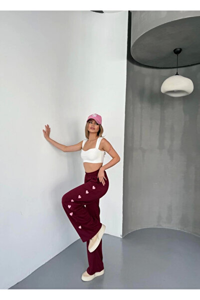 velmorafashion Velmora Osy Modal Soft Textured Fabric Embroidered Comfortable Wide Leg Sweatpants - Burgundy -