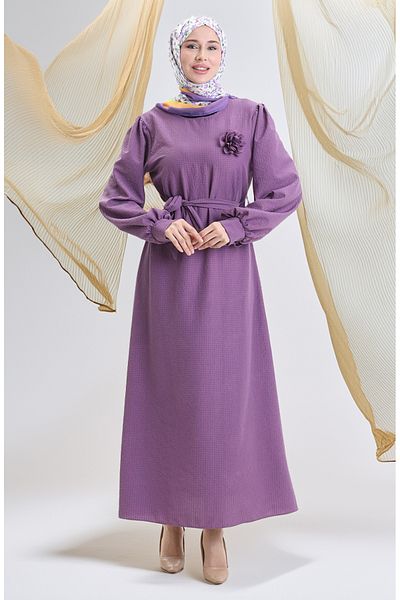 sefamerve Φόρεμα Seersucker Fabric Belted 2043-02 Λιλά