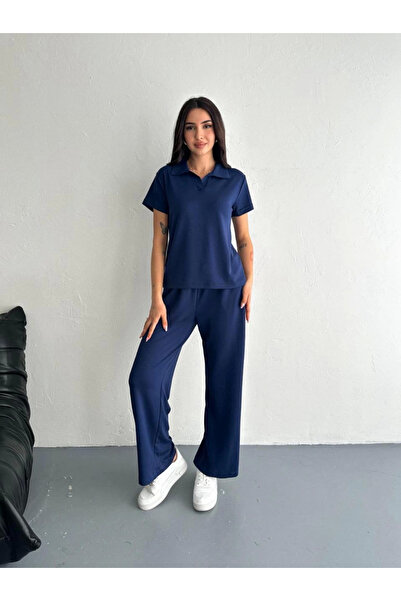 velmorafashion Velmora Osy Modal Soft Textured Fabric Short Sleeve Collared T-Shirt Pantalon Two-Piece Set - Navy Blue -