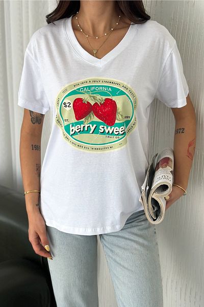 FEMELLE Tricou de damă cu decolteu în V cu imprimeu căpșuni 100% bumbac