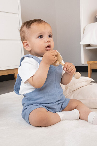 Little Gusto Organik Pamuk Müslin Bebek Mavi Şort Salopet