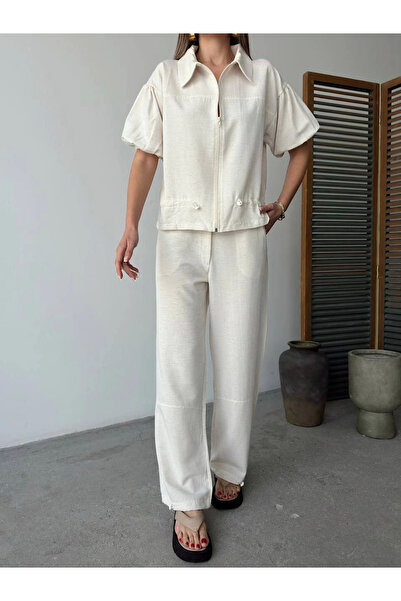 velmorafashion Velmora Linen Full Zip Short-Sleeved Shirt Pants Two-Piece Set - White -