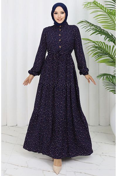 sefamerve Φόρεμα με μοτίβο από ύφασμα βισκόζης 0068-05 Navy Blue
