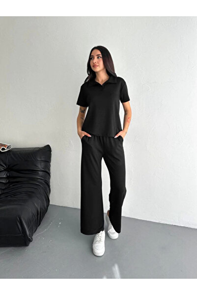 velmorafashion Velmora Osy Modal Soft Textured Fabric Short Sleeve Collared T-Shirt Pantalon Two-Piece Set - Black -