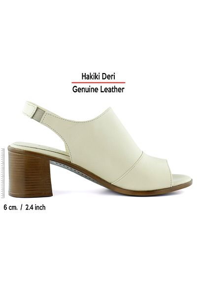 Erkan Saçmacı Emilia Beige Genuine Leather Open Back Rubber Band Thick Heeled Comfortable Daily Sandals