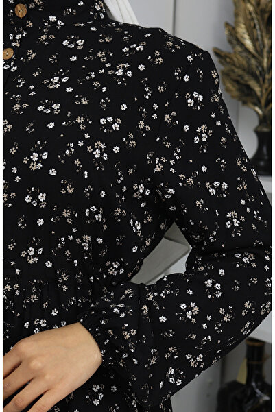 sefamerve Viskon Kumaş Yarım Düğmeli Elbise 0067-04 Siyah