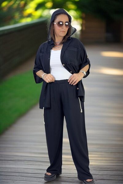 yagmurberen Plus Size - Mesh Hoodie, Mesh Pocket, Folding Sleeve Button Closure Double Set