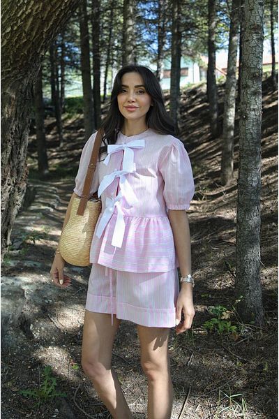 Havoş Pink Bow Detailed Striped Suit