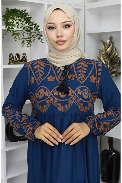 sefamerve Desenli Viskon Elbise 4076-03 Petrol