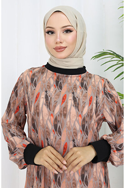 sefamerve Φόρεμα με σχέδιο από ύφασμα σιφόν 0054-04 Mink