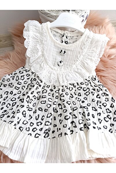 Minicix dantel detay leopar desen kız bebek elbise krem