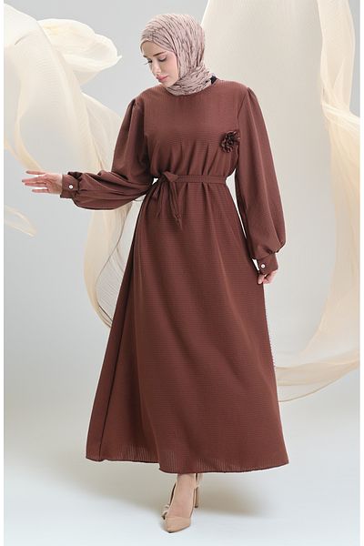 sefamerve Φόρεμα Seersucker Fabric Belted 2043-03 Καφέ