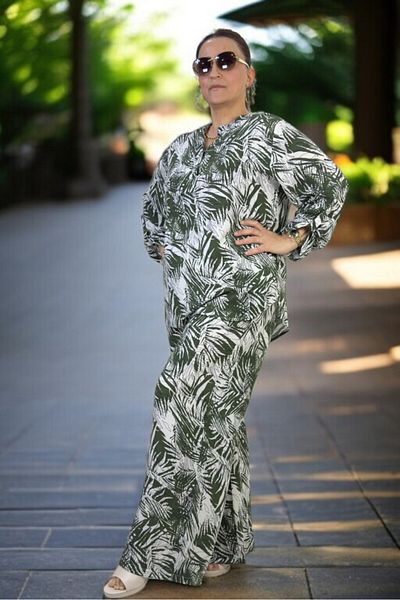 yagmurberen Palm Print Front Half Buttoned Judge Collar Bluzel Belt Elastic Waist Trousers Large Size Double Set