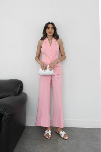 Havoş Pink Hillary Halter Strap Vest Pants Suit