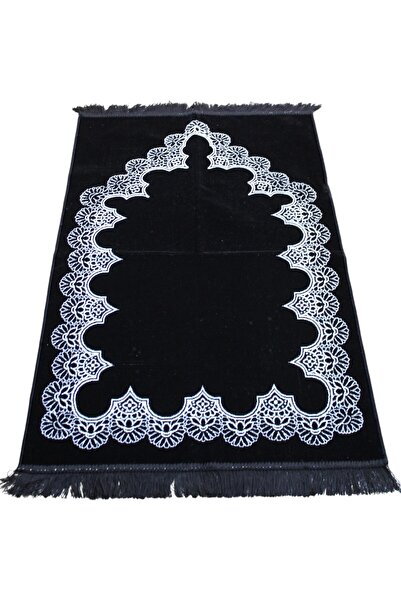 SALVUS Kadife Lüks Desenli Seccade - Siyah Namazlık Hac Umre Hediyelik ve Çey...