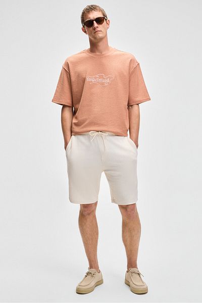 GRIMELANGE Malyes Men's Elastic Waistband Corded Side Double Back Single Pocket Relaxed Fit Cream Shorts & Bermuda