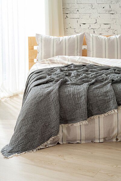 Berolige Easy Müslin İplik Boya Çift Kişilik Yatak Örtüsü Antrasit