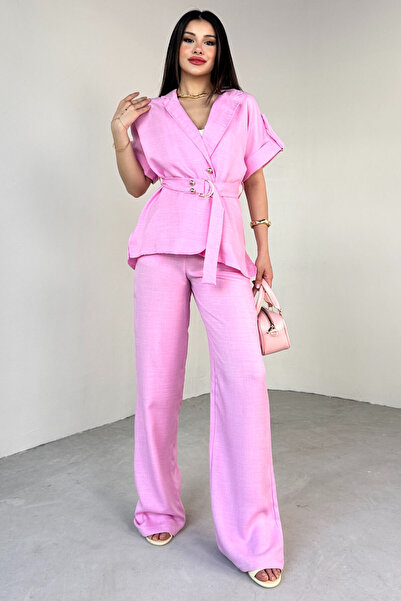Cappmoda Tkm-13293 Pink Lapel Collar Sleeve Button Detailed Shirt Jacket & Loose Trousers Two-Piece Set