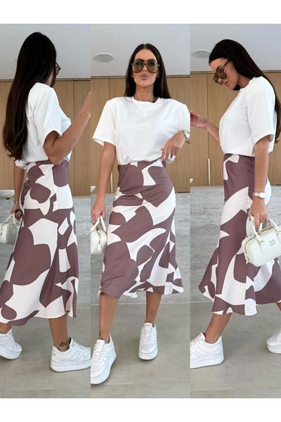 DRGY Women's Short Sleeve Crew Neck Viscose Blouse and Patterned Single Jersey Skirt Double Set