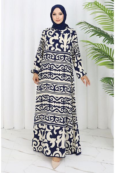 sefamerve Φόρεμα με σχέδιο από ύφασμα βισκόζης 0057-05 Navy Blue Beige