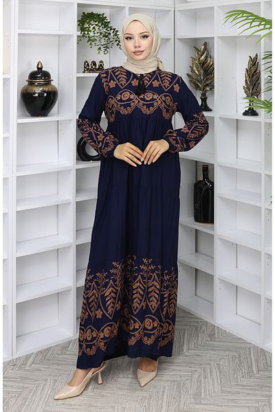 sefamerve Φόρεμα βισκόζης με σχέδιο 4076-01 Navy Blue