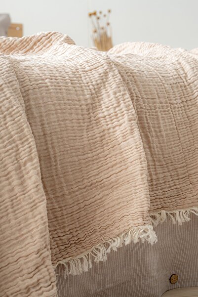 Berolige Easy Müslin İplik Boya Çift Kişilik Yatak Örtüsü Bej