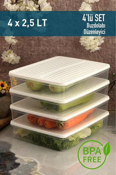 Leila 4 Pcs White Lid Storage Container, Refrigerator Organizer Microwave and Freeze Suitable 10Lt