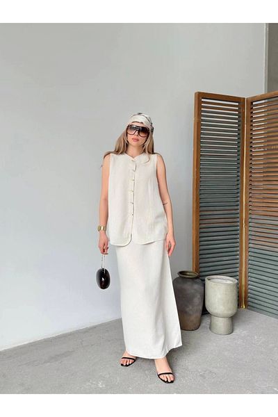 Kadınle Linen sleeveless zero neck button sleeveless cardigan skirt twin set- white