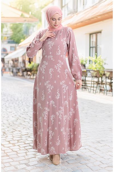 sefamerve Rochie cu model cu maneci elastice 2047-01 Pudra