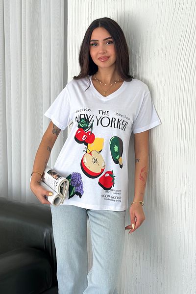 FEMELLE Tricou alb cu decolteu în V pentru femei, 100% bumbac, imprimat New York