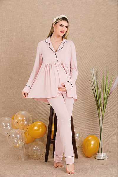 Lady Lingerie Long Dress, Shirt Collar, Long Sleeve Maternity-Pregnant Pajama Set, Set of 3