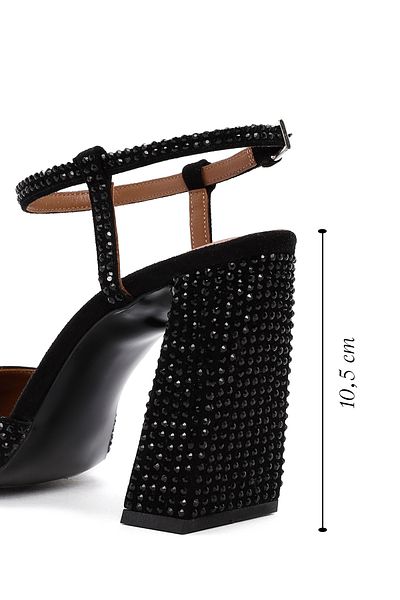 Derimod Women's Black Jewelled Thick Heeled Leather Shoes 24Wfd1210Ts