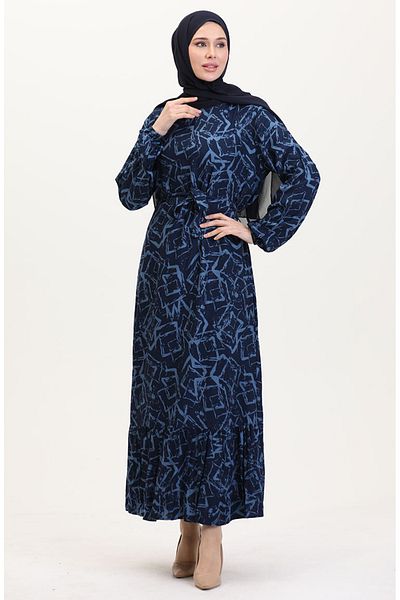 sefamerve Φόρεμα βισκόζης με μοτίβο ζωσμένο 0011-01 Navy Blue