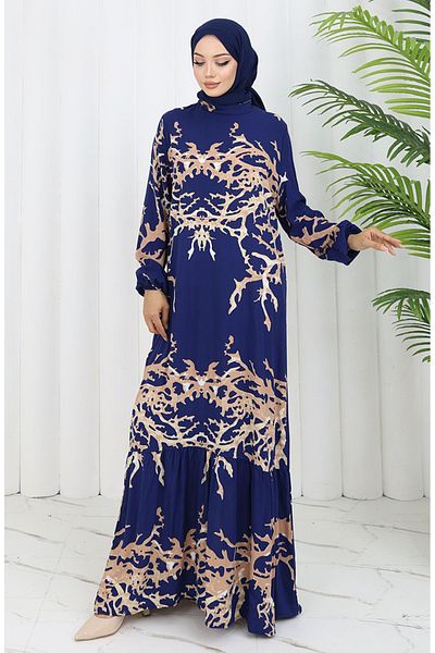 sefamerve Φόρεμα με σχέδιο από ύφασμα βισκόζης 2040-01 Navy Blue Mink
