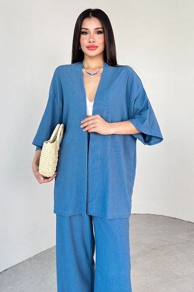 Cappmoda TKM-13297 طقم كيمونو أزرق عصري وبنطلون فضفاض صيفي مكون من قطعتين