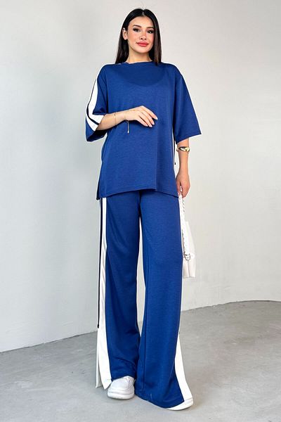 Cappmoda TKM-13298 Navy Blue Modal Fabric Color Block Oversize Μπλούζα & Φαρδύ παντελόνι Σετ δύο τεμαχίων