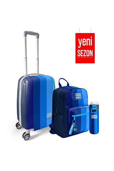 Coral High Renkli Çizgili Desenli Kabin Boy Valiz, Sırt Çantası ve Matara Seti