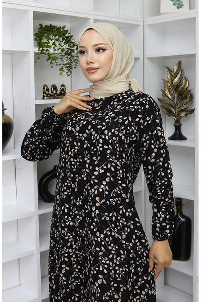 sefamerve Viskon Kumaş Desenli Elbise 0055-02 Siyah