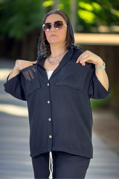 yagmurberen Plus Size - Mesh Hoodie, Mesh Pocket, Folding Sleeve Button Closure Double Set