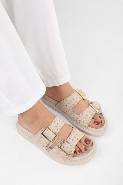 Shoeberry Women's Maren Beige Suede Belt Buckle Slippers