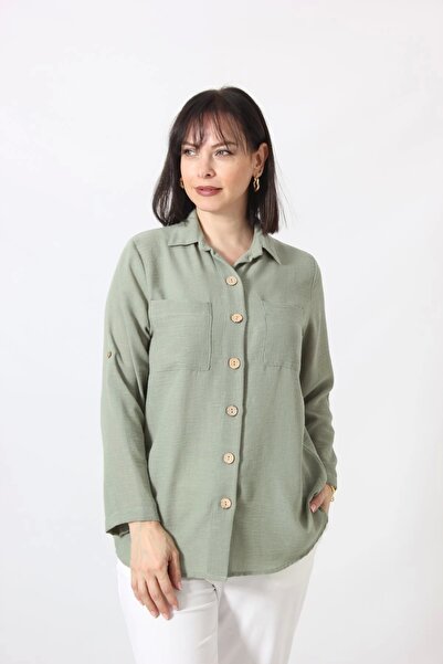 Moda Berray MYB-077 HAKİ YEŞİLİ PAMUK KETEN KOLU APOLETLİ İKİ CEPLİ KADIN BÜY...