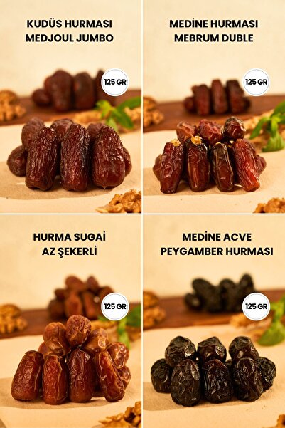 Derme 4’lü Hurma Tadım Seti – Kudüs Jumbo, Medine Duble, Sugai ve Acve (4 x 125 g | Toplam 500 g)