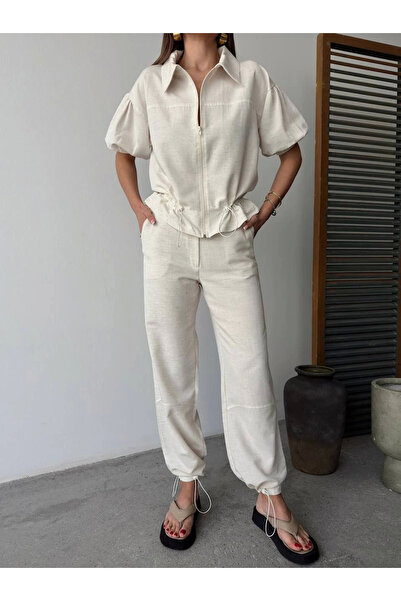velmorafashion Velmora Linen Full Zip Short-Sleeved Shirt Pants Two-Piece Set - White -