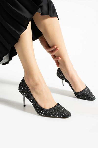 Güllü Shoes Black Denim Stone 7 cm Vegan Leather Heeled Shoes |   Comfortable, Stylish, Daily and Special Occasion Women's Shoes