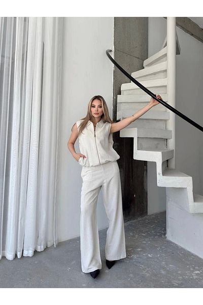 Kadınle Linen Full Zipper Sleeveless Jacket Trousers Double Suit- White