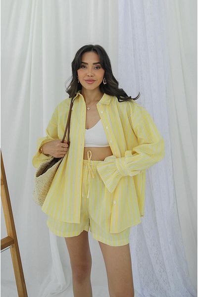 Havoş Yellow Striped Ruffle Detailed Shorts Suit