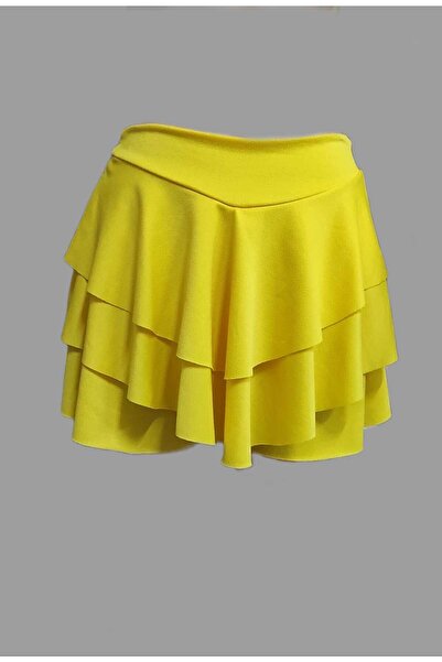 morche Kadın Kat Kat Fırfır Volanlı Ruffle Mini Şort Sarı Etek