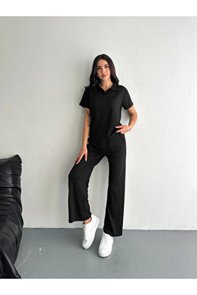 velmorafashion Velmora Osy Modal Soft Textured Fabric Short Sleeve Collared T-Shirt Pantalon Two-Piece Set - Black -