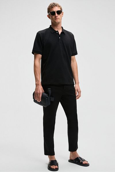 GRIMELANGE Monaghan Men's Polo Neck Relaxed Fit Placket Button Short Sleeve Black T-Shirt